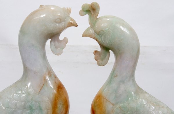 BURMESE CARVED JADE BIRDS, PAIR, H 12", L 12" - 3