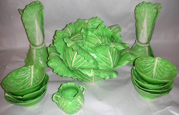 DODIE THAYER POTTERY LETTUCE LEAF TUREEN ETC.: "DODIE THAYER POTTERY LETTUCE LEAF TUREEN ETC., 11 PCS. TUREEN, BOWLS:Includes soup tureen in form of lettuce head, 10"" x 16""; pair of candlesticks, H 11""; set of 7 open bowls, Dia. 5 1/2""; creame