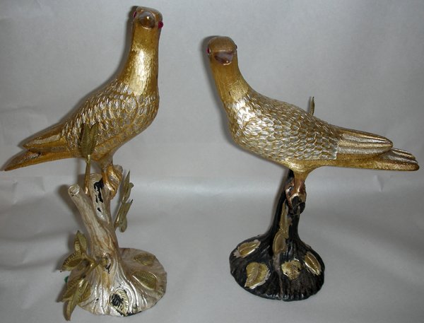 ELECTROPLATE GILT METAL PERCHED BIRDS, PAIR