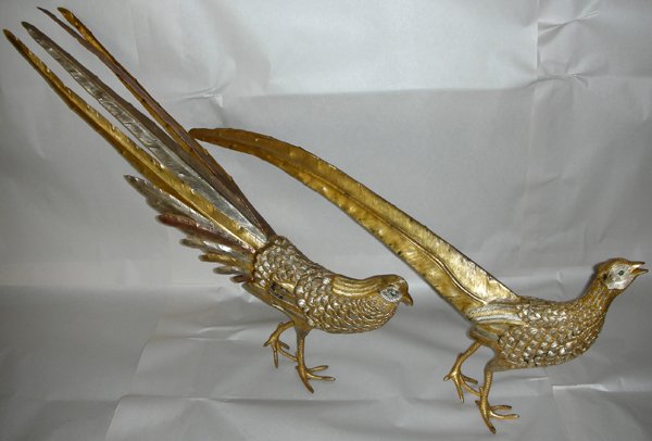 GILT & SILVERED METAL PHEASANTS, C.1930, PAIR - 2