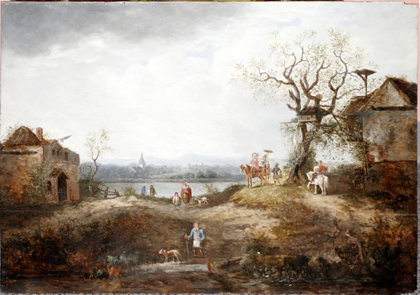 ENGLISH SCHOOL OIL LANDSCAPE W/HORSEMEN