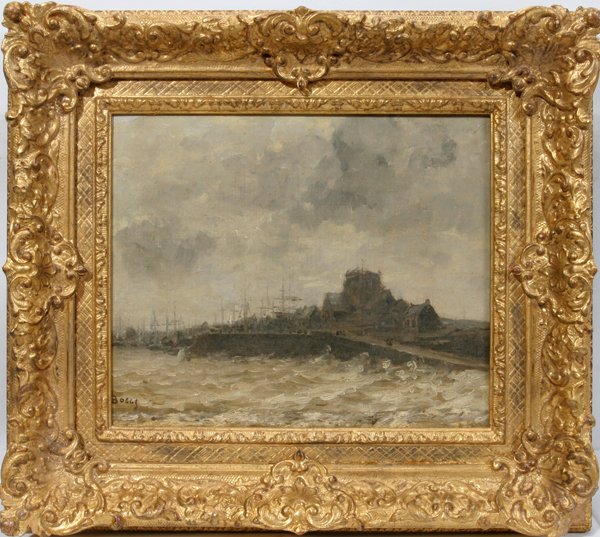 FRANK MYERS BOGGS OIL ON CANVAS, HARBOR SCENE