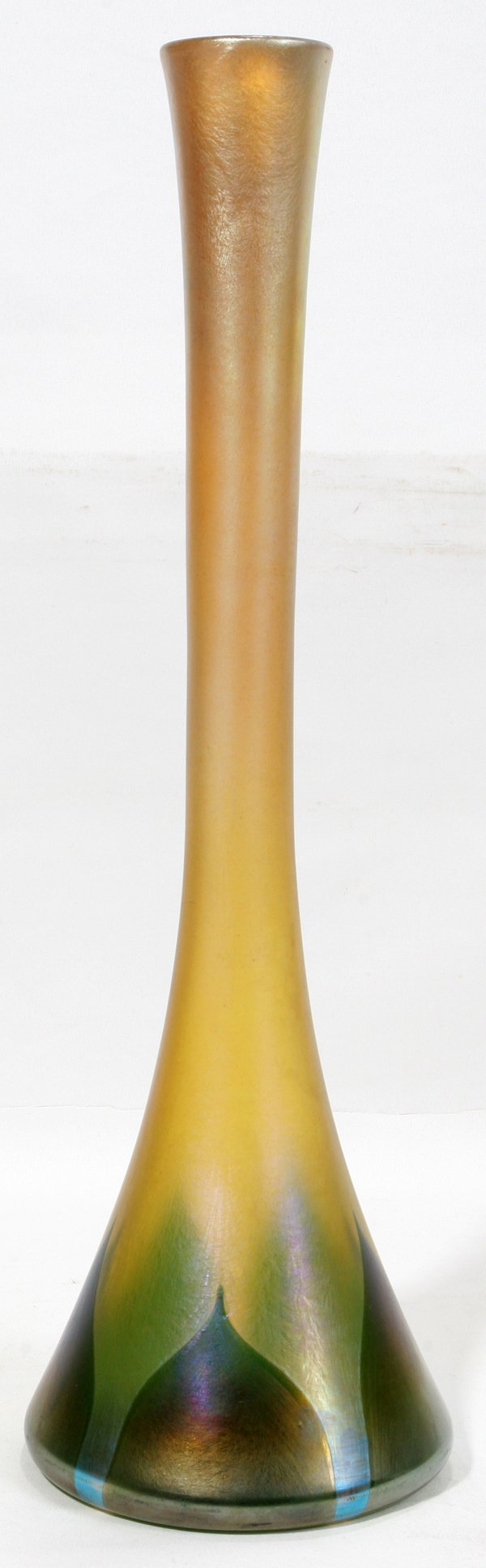TIFFANY ART GLASS STICK NECK VASE, H 18"