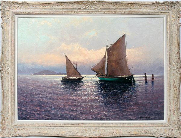 G. ODIERNA OIL SAILING FISHING BOATS AT DUSK
