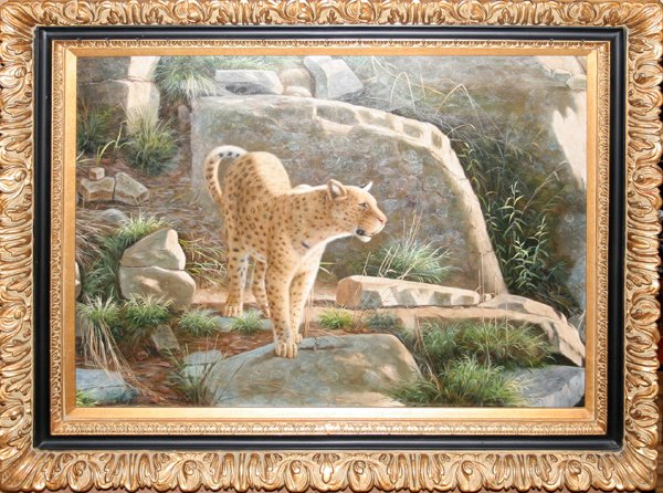 OIL ON CANVAS DEPICTS LEOPARD ON ROCK