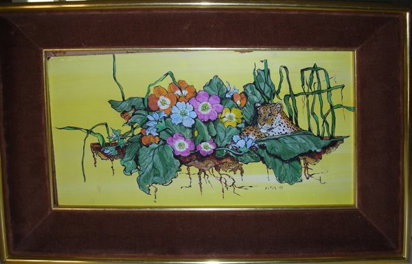 FLEUR COWLES PAINTING LEOPARD AMONGST FLOWERS