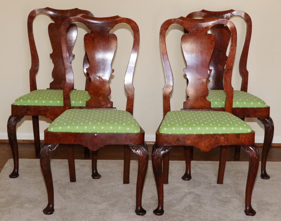ENGLISH BURL WALNUT SIDE CHAIRS, 18TH C, 4 PCS: ENGLISH BURL WALNUT SIDE CHAIRS, 18TH C, 4 PCS, H 39"Having back splats and Queen Ann style legs. Green upholstery with white diamond shape patterns. 21" W. x 19" D, Possibly purchased at Malcolm Fran