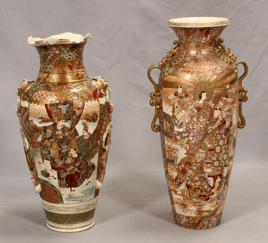 JAPANESE, SATSUMA EARTHENWARE VASES, 19TH.C. 2 PCS: JAPANESE, SATSUMA EARTHENWARE VASES, 19TH.C. 2 PCS H 24", 22" Tallest vase (24") is in good condition with a diameter of 12". It is highly detailed with raised gold highlights and is in good condition