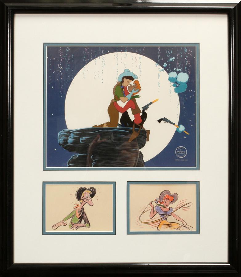 DISNEY 'MELODY TIME' SERICEL: DISNEY 'MELODY TIME' SERICEL, H 10", W 13", "PECOS BILL & SLUE FOOT SUE" Depicting a moonlit kiss between Pecos Bill and Slue Foot Sue. Accompanied by two offset lithographs in the same frame (ea. H 4