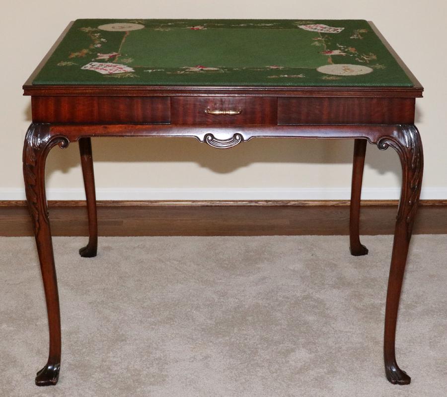 CHIPPENDALE STYLE, MAHOGANY GAMES TABLE, C1900: CHIPPENDALE STYLE, MAHOGANY GAMES TABLE, C1900, H 37", W 37" Four drawers with brass handles, cabriole legs with Spanish feet. Needlepoint and petit point gaming top with hunt scenes and playing cards