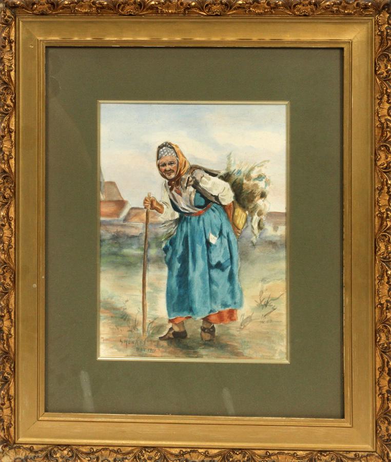 GERKE HENKES WATERCOLOR ON PAPER, 1901: GERKE HENKES (DUTCH, 1844-1927), WATERCOLOR ON PAPER, 1901, H 13", L 10", PEASANT WOMAN Watercolor on paper by Gerke Henkes. Depicting a hunched woman bearing wheat and grasping a cane. Artist's signa