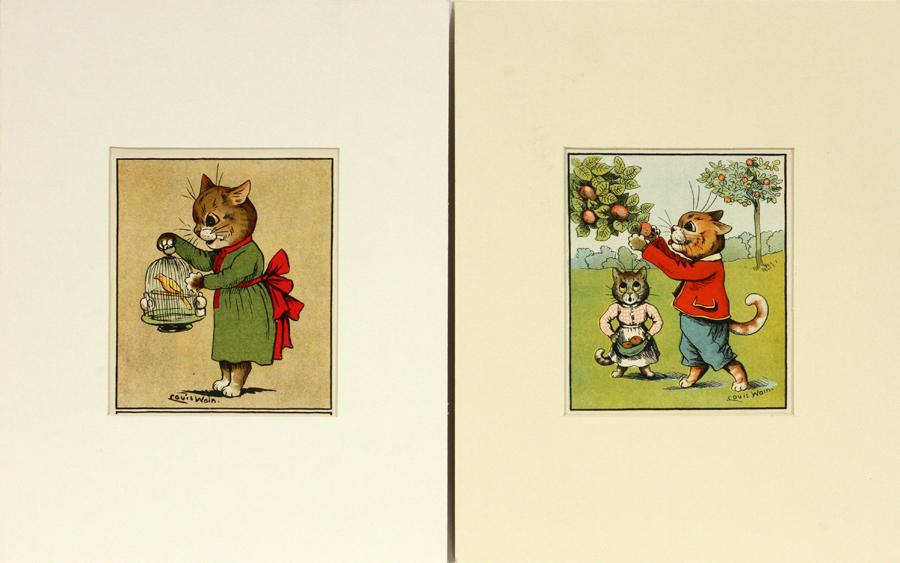 LOUIS WILLIAM WAIN LITHOGRAPHS ON PAPER, 2 PCS: LOUIS WILLIAM WAIN (ENGLISH, 1860-39), LITHOGRAPHS ON PAPER, 2 PCS, H 6", W 5", ANTHROPOMORPHIC CATS A pairing of Louis Wain lithographs on paper. Depicting compositions of anthropomorphic cats: one p