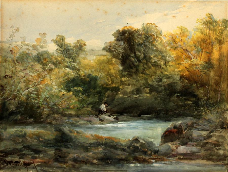 WILLIAM B. YOUNG WATERCOLOR ON PAPER: WILLIAM B. YOUNG (BRITISH, 1845-1916), WATERCOLOR ON PAPER, H 6.75", W 9.75", FLY FISHERMAN A watercolor on paper by William B. Young. Depicting a fly fisherman in a river landscape. Artist's signatur