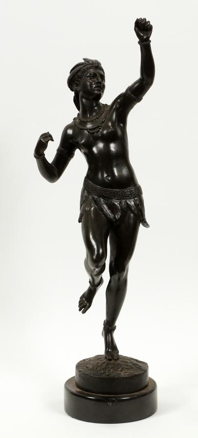 CARL KAUBA , (AUSTRIA/AMER.1865 -22) BRONZE SCULPTURE: CARL KAUBA (AUSTRIA/AMER.1865 -22) BRONZE SCULPTURE H 27" DANCER Signed. Modeled as an exotic Art Deco dancer with a costume of feathers including headdress. Height with base 31.5".