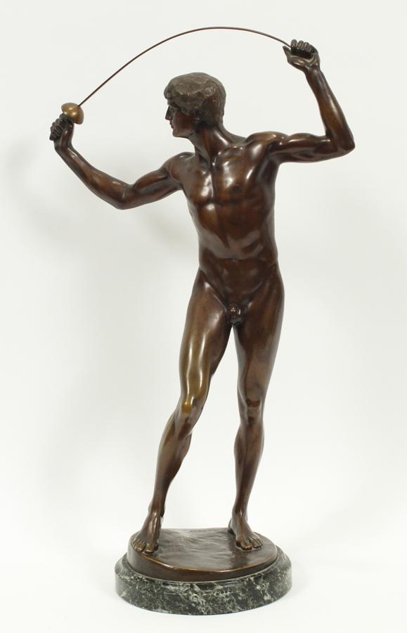 RUDOLF MARCUSE BRONZE SCULPTURE, NUDE WITH FOIL: RUDOLF MARCUSE (GERMAN, 1878-30), BRONZE SCULPTURE, H 20.5", NUDE WITH FOIL Nude male athlete. Inscribed: Gesellschaft Gladenbeck foundry, Berlin, Friedenhagen.