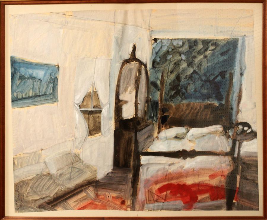 ROBERT ANDREW PARKER WATERCOLOR "CARMEL BEDROOM": ROBERT ANDREW PARKER ( AMERICAN 1927) WATERCOLOR AND GRAPHITE ON HANDMADE PAPER, "CARMEL BEDROOM", H 29", W 35.5" Signed at the lower left. Depicting an interior bedroom scene. The watercolor is mount