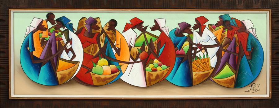 FRITZ ROCK OIL ON CANVAS, "HAITIAN SCENE": FRITZ ROCK, HAITI, B.1944, OIL ON CANVAS, "HAITIAN SCENE," H 16", W 48" Oil on canvas, "Haitian Scene" by Fitz Rock. Frame size: H 52 3/4" x W 20.75".