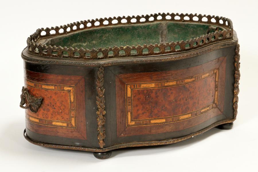 FRENCH LOUIS XVI PERIOD BURL WALNUT JARDINIERE: FRENCH LOUIS XVI PERIOD BURL WALNUT, EBONY & BRONZE JARDINIERE DE TABLE, CIRCA 1760-1780, H 6", L 14" In serpentine form having fruitwood and burled walnut marquetry panels. Bronze ormolu mounts and p