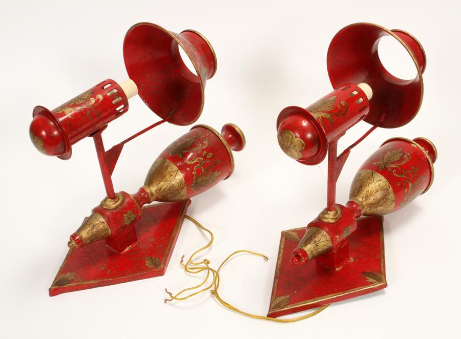 RED & GILT TOLE SCONCES, PAIR, H 15", D 11": RED & GILT TOLE SCONCES, PAIR, H 15", D 11"A pair of red and gilt metal tole sconces/hanging lanterns.