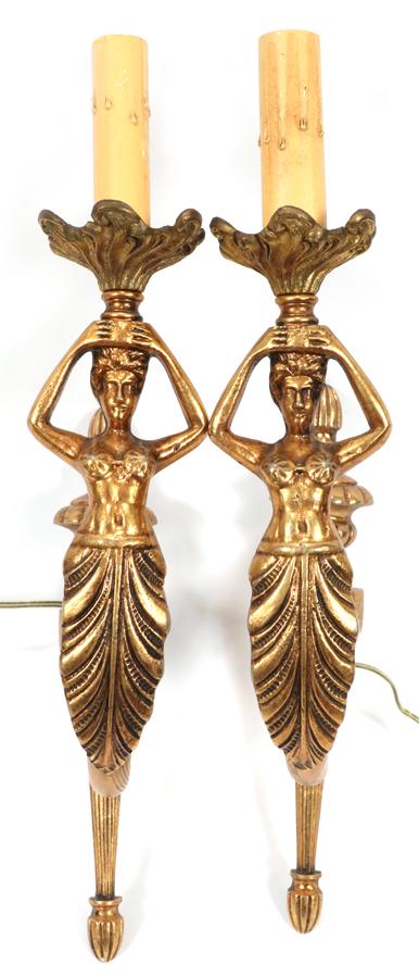 MERMAID FORM BRASS SCONCES, PAIR, H 15": MERMAID FORM BRASS SCONCES, PAIR, H 15"A pair of mermaid form brass wall sconces. Electrified. Width 2.75".