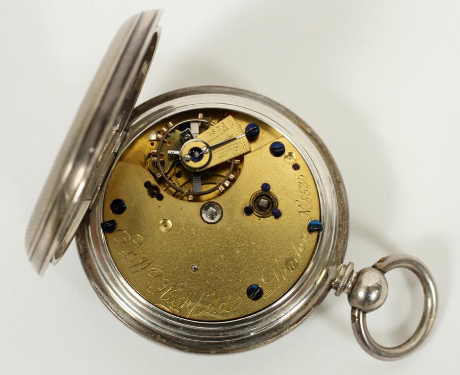 HIGHFIELD HERMANOS (LONDON) POCKET WATCH: HIGHFIELD HERMANOS (LONDON) POCKET WATCH, DIA 1.75", T.W. 75 GR A Highfield Hermanos (London) open-face pocket watch. Having a silver tone case. Dial features Roman numeral hours. Work #: 5525, case #
