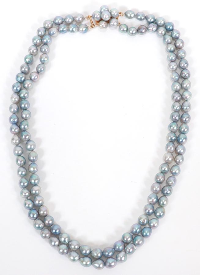 BLUE BAROQUE PEARL DOUBLE STRAND NECKLACE, L 16": BLUE BAROQUE PEARL DOUBLE STRAND NECKLACE, L 16" Having a 14kt yellow gold clasp. Total weight 50.9 grams. Pearl diameter 6.2-6.7mm.