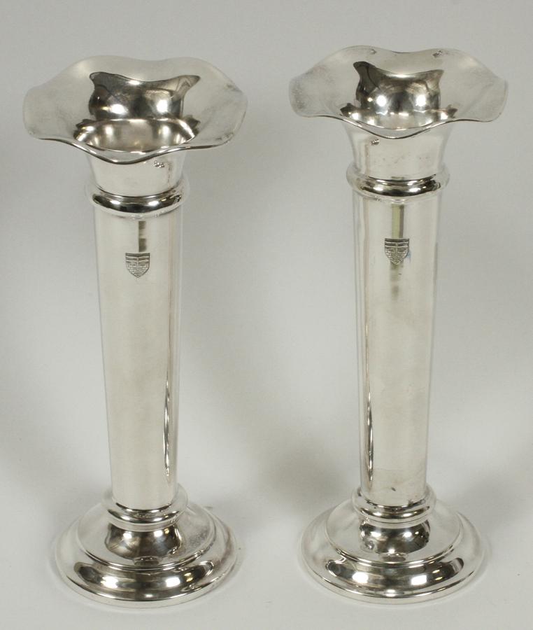 DICKINSON, BATH, SILVER PLATE FLOWER VASES: DICKINSON, BATH, SILVER PLATE FLOWER VASES, PAIR, H 10" #31828. Engraved crest. Lily form.