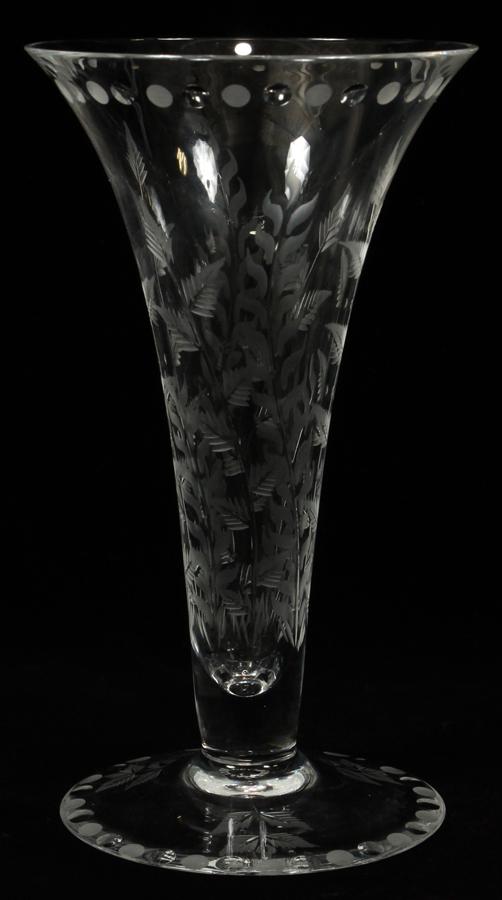 WILLIAM YEOWARD (ENGLISH) ETCHED CRYSTAL VASE: WILLIAM YEOWARD (ENGLISH) ETCHED CRYSTAL VASE, H 8", DIA 4.5"A William Yeoward etched crystal vase. Having a tapered form with etched roundlets, vines and flowers throughout. Branded to the underside.