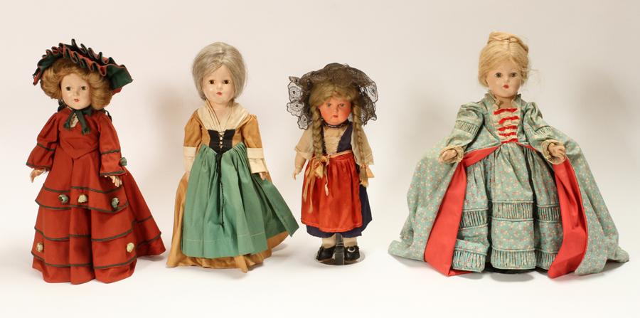 EFFANBEE, LADY DOLLS, 4 PCS H 14' - 15": EFFANBEE, LADY DOLLS, 4 PCS H 14' - 15" Three by Effanbee, one Austria. 14"-15". Original costumes. Composition heads and hands. Lot of four.