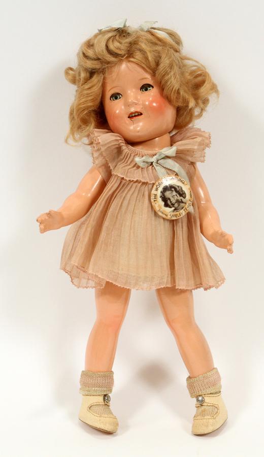 SHIRLEY TEMPLE DOLL, IDEAL TOY CO. H 12": SHIRLEY TEMPLE DOLL, IDEAL TOY CO. H 12" open mouth showing teeth, eyes open/close, jointed legs,arms,w./button etc