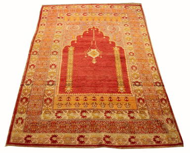 TURKISH ANTIQUE HAND WOVEN WOOL PRAYER RUG: TURKISH, ANTIQUE ANATOLIAN HAND WOVEN WOOL PRAYER RUG, 1900, W 4' 4", L 6' 5" Anatolean prayer rug having central niche with lantern and pillars. Subdued colors.