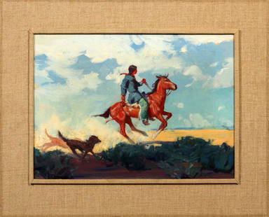 ALONZO (LON) MEGARGEE OIL ON ARTIST'S BOARD: ALONZO (LON) MEGARGEE (AMER, 1883-1960), OIL ON ARTIST'S BOARD, H 10.75", L 14.75", "YOUNG INDIAN" An oil on artist's board titled "Young Indian" by Lon Megargee. Artist's signature to the lower right