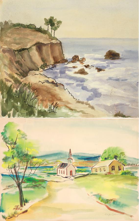 SISTER JANE CATHERINE LAUER WATERCOLORS, 2 PCS: SISTER JANE CATHERINE LAUER (AMER.1907-88), WATERCOLORS, 2 PCS H 15", W 18" One watercolor is pencil signed at the lower right corner and depicts a church in a landscape with trees and a lake. The oth