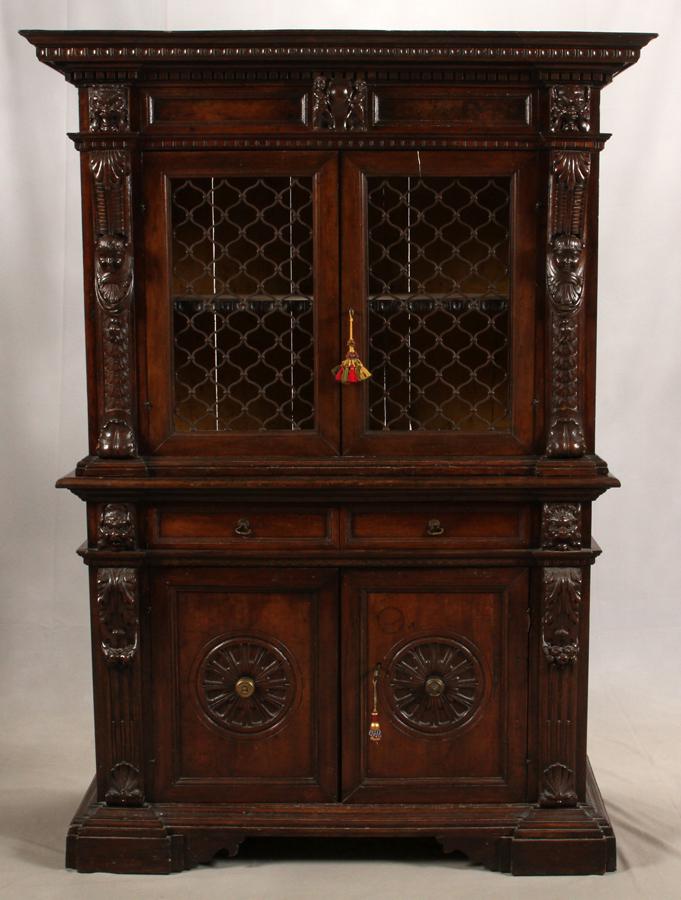 ITALIAN CARVED WALNUT 2-PART CABINET, C. 1880 (1 of 8)