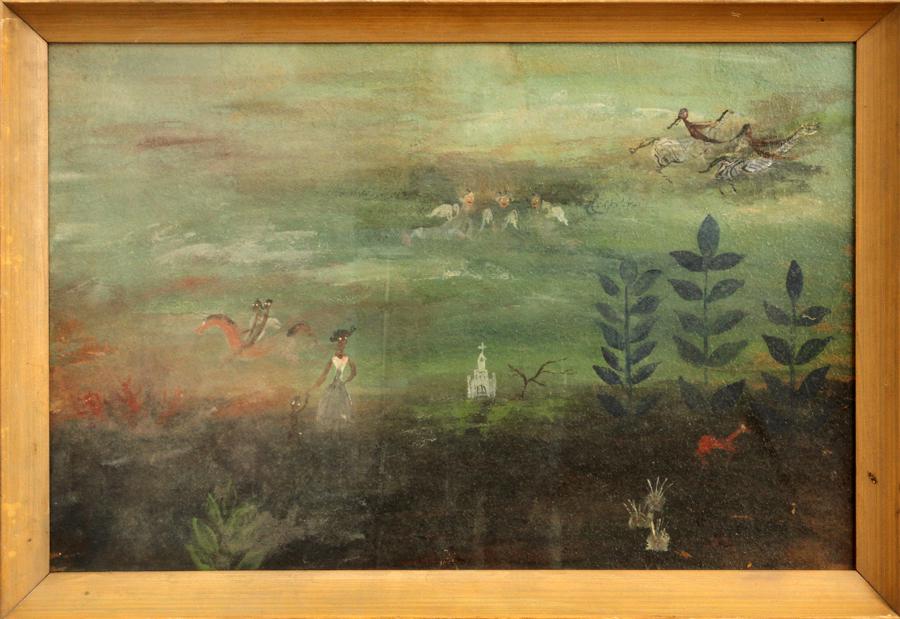 ANNETTE LEWIN (AMER. B. 1921), TEMPERA PAINTING: ANNETTE LEWIN (AMER. B. 1921), TEMPERA PAINTING, H 23", W 35", "VISIONS OF AFRICA" Chicago artist; signed lower right; framed, 27" x 39". Depicting children riding a horse and zebras in an abstract la