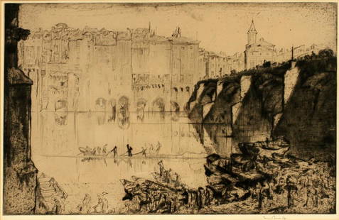 SIR FRANK BRANGWYN ETCHING, DRYPOINT & AQUATINT: SIR FRANK BRANGWYN (BRITISH, 1867–56), ETCHING, DRYPOINT & AQUATINT, PLATE SIZE: C. H 14", W 22" "ALBI, ITALY" Pencil size; plate size: 13.75" x 21.75"; framed, 24" x 31". Provenance: The Gordo