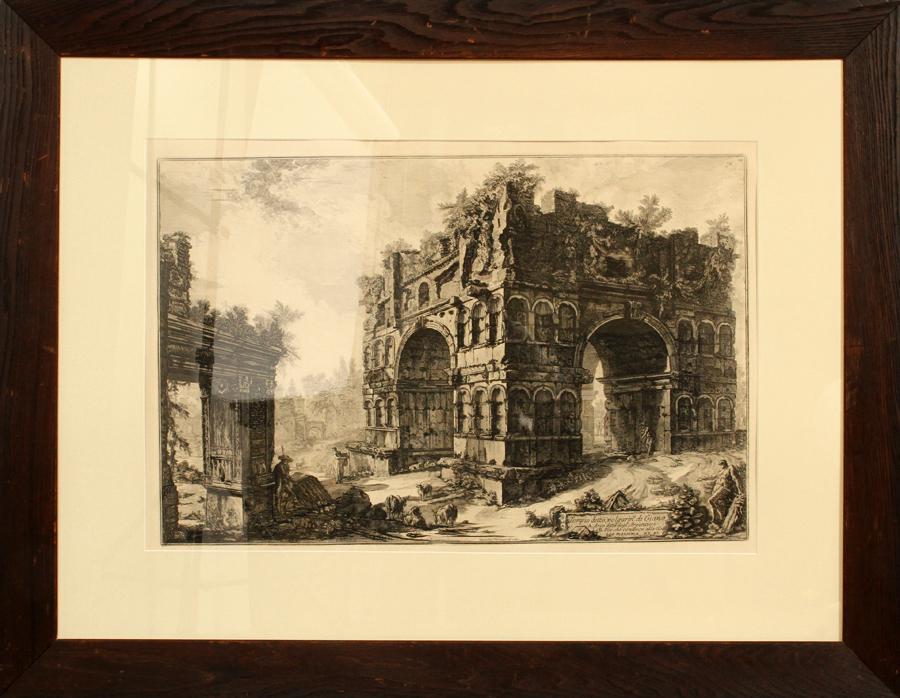 CAVALIER PIRANESI POSTHUMOUS ETCHING: CAVALIER PIRANESI, POSTHUMOUS ETCHING, C. EARLY 20TH C., PLATE SIZE: H 18", W 27.5"", "TEMPIO DELTO VOLGARM DI GIANO" Plate signed; oak period frame, 33" x 43"
