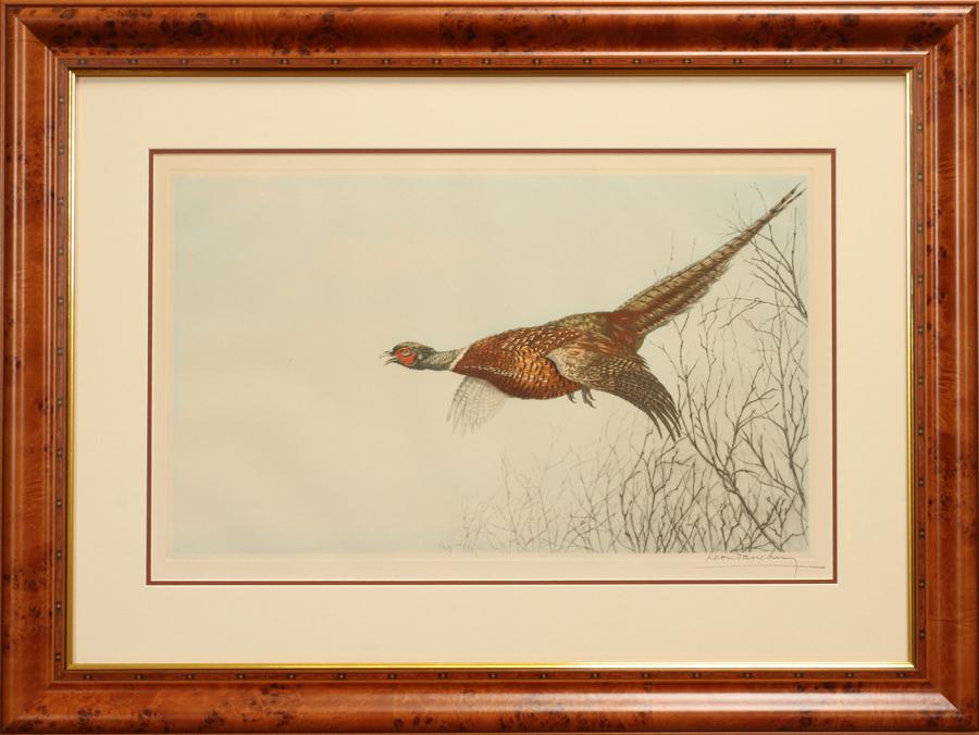LEON DANCHIN ETCHING & AQUATINT ON PAPER: LEON DANCHIN (FRENCH, 1887-1938), ETCHING & AQUATINT ON PAPER, H 23 1/8", W 14", "PHEASANT" #105/500. Colored print of pheasant in flight. Pencil signed lower right numbered lower left. Framed under g