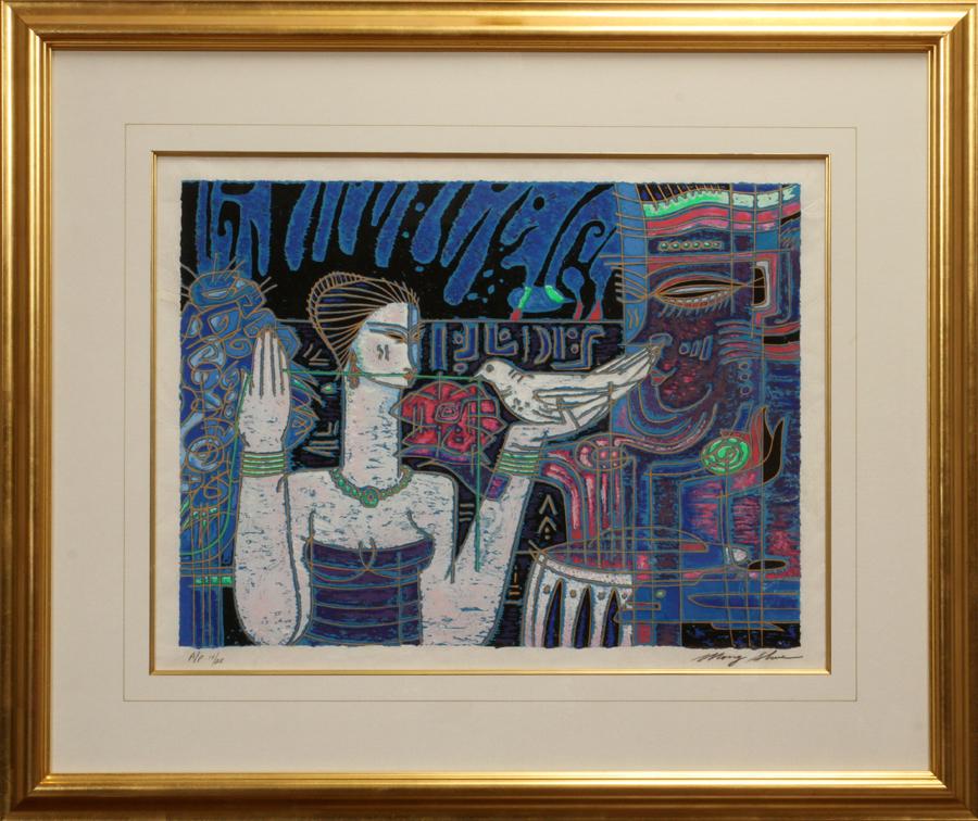 ADRIAN WONG SHUE SERIGRAPH ON PAPER: ADRIAN WONG SHUE (CHINA/JAMAICA, B. 1952), SERIGRAPH ON PAPER, H 18", W 24", "MESSAGE ON THE WIND" Depicting a woman with a bird against a geometric ground. Edition number (A.P. 14/25) and signature t