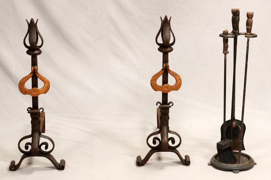 WROUGHT IRON  ANDIRONS & FIRE TOOLS, 20TH C. (1 of 4)