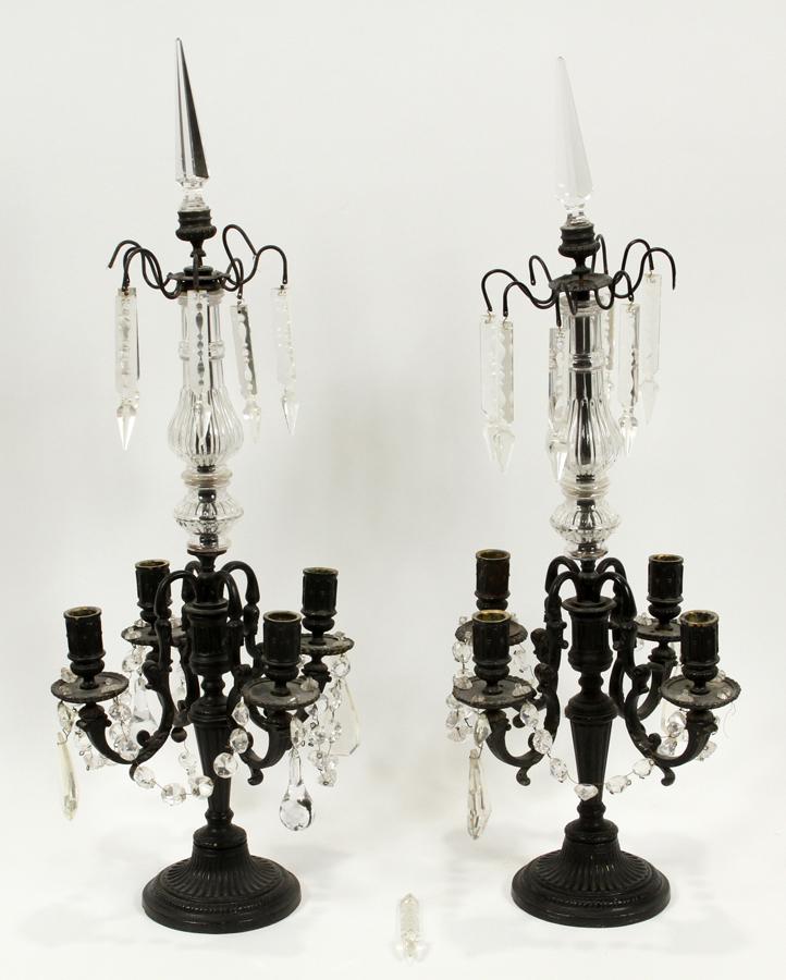 EUROPEAN PATINATED WHITE METAL AND CRYSTAL CANDELABRUM (1 of 4)