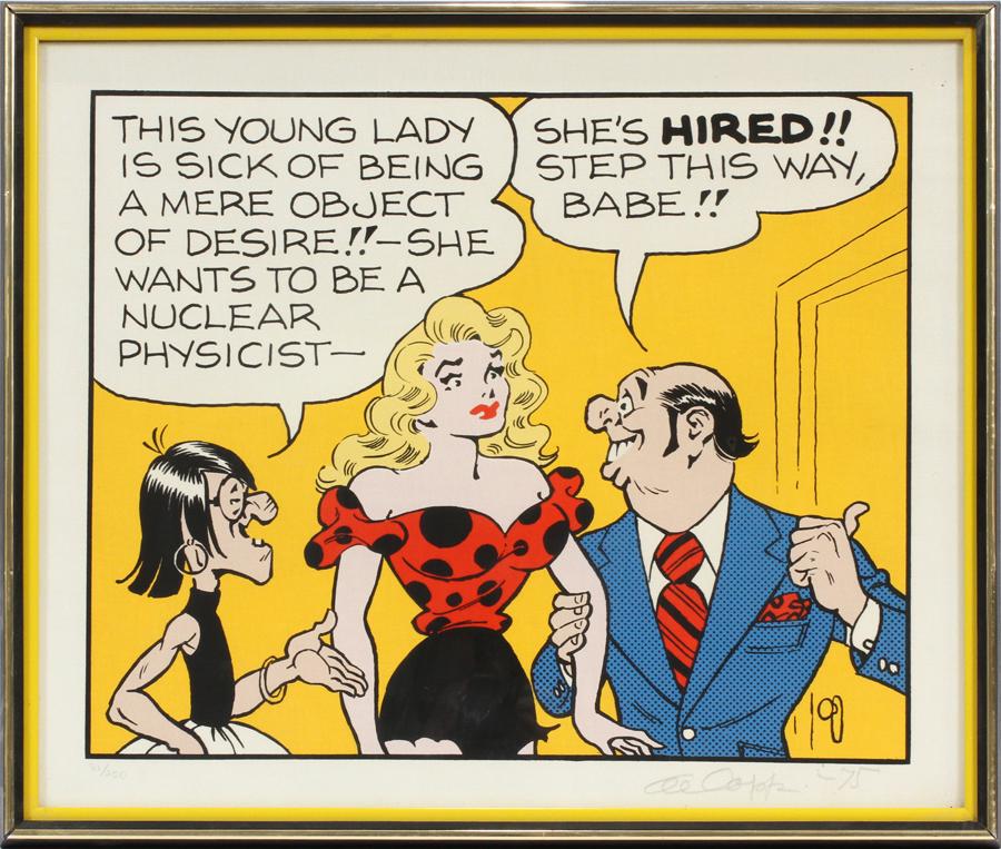 AL CAPP SILK SCREEN CARTOON "HIRED": AL CAPP, SILK SCREEN CARTOON H 23.5" W 27.75" "HIRED" Pencil signed.