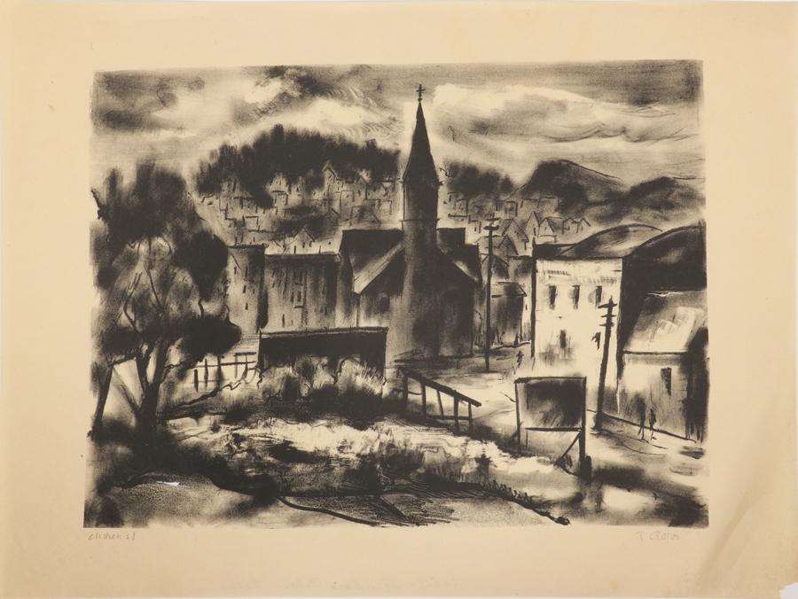 THEODORE C. POLOS LITHOGRAPH, 1958, CHURCH: THEODORE C. POLOS (GREEK/AMERICAN, 1901-1976), LITHOGRAPH, 1958, H 10", W 14", CHURCH Pencil signed at the lower right corner. Titled and pencil dated lower left. Federal Art Project blind stamp lower