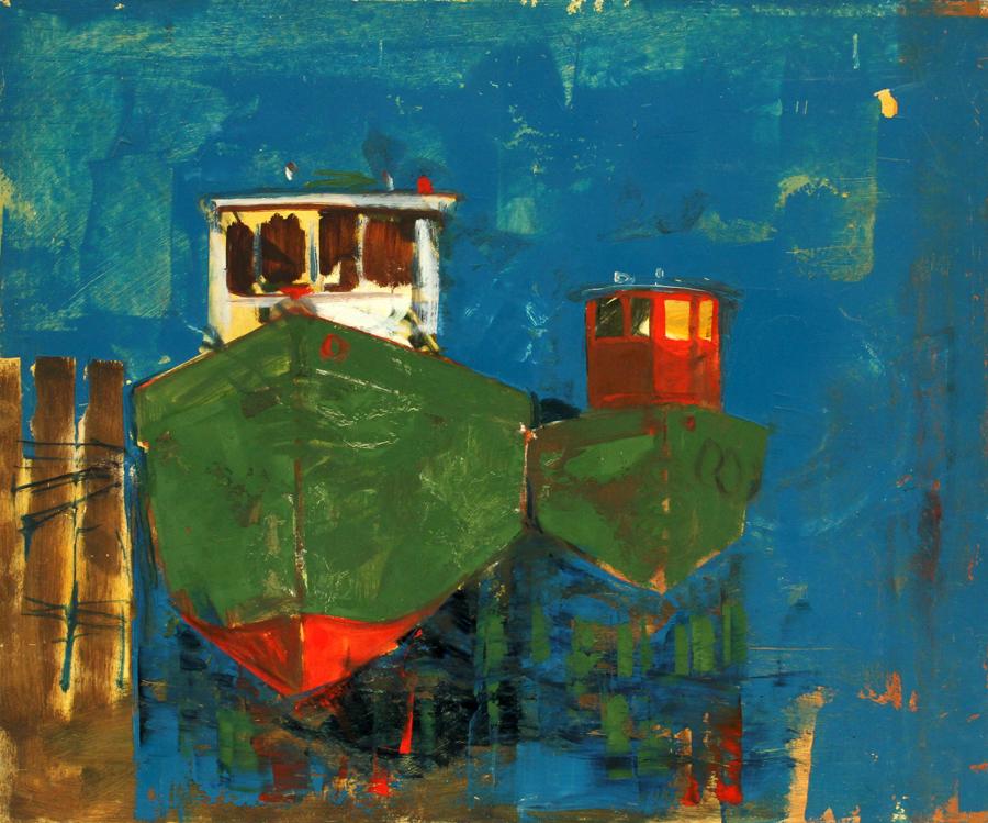 HAROLD COHN OIL ON MASONITE, TUGBOATS (1 of 2)