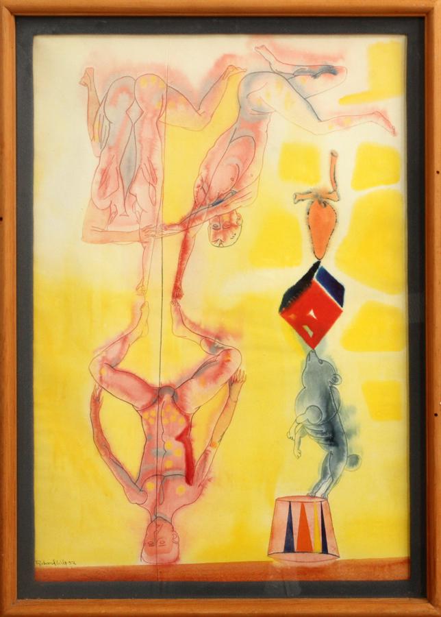 RICHARD WILT WATERCOLOR & COLORED PENCIL ON PAPER: RICHARD WILT (AMERICAN, 1915-1981), WATERCOLOR & COLORED PENCIL ON PAPER, 1952 H 29", W 20" Depicting an acrobat scene. Framed under glass. Signed lower left.