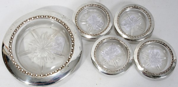 CUT CRYSTAL & STERLING RIM ASH TRAY SET, FIVE