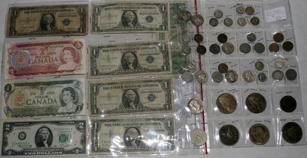 US $1 SILVER CERT MORGAN/PEACE $1 CAPPED LIB.: US $1.00 SILVER CERT MORGAN/PEACE $1.00 CAPPED LIBERTY, 1831 DIME, 1831-1976, 9 CURRENCIES, 40 COINS:Five 1957 silver certificates, one 1935 silver certificate, G-4-G-8; $20.43 face value. UNITED STAT
