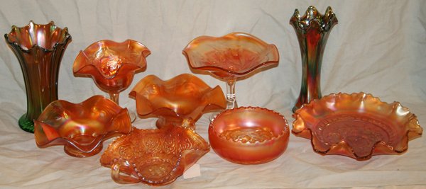 CARNIVAL GLASS IRIDESCENT VASES & BOWLS NINE