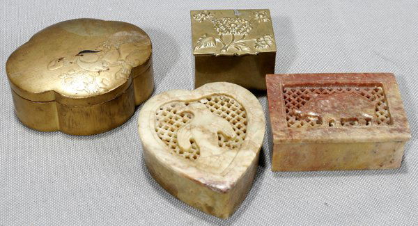 LACQUER, BRASS & SOAPSTONE ORIENTAL BOXES, 4: LACQUER, BRASS AND SOAPSTONE ORIENTAL DECORATIVE BOXES, FOUR, L 2"-3":one lacquer, one brass & two soapstone candle boxes.