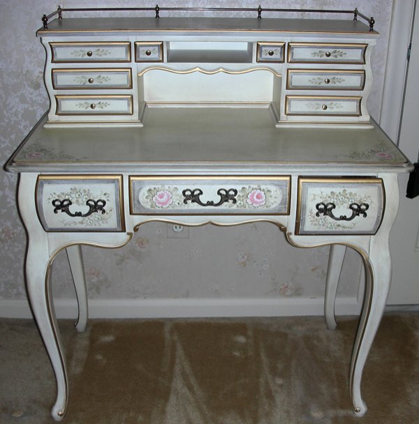 DECORATED WHITE LADY'S DESK, H 39", W 36"